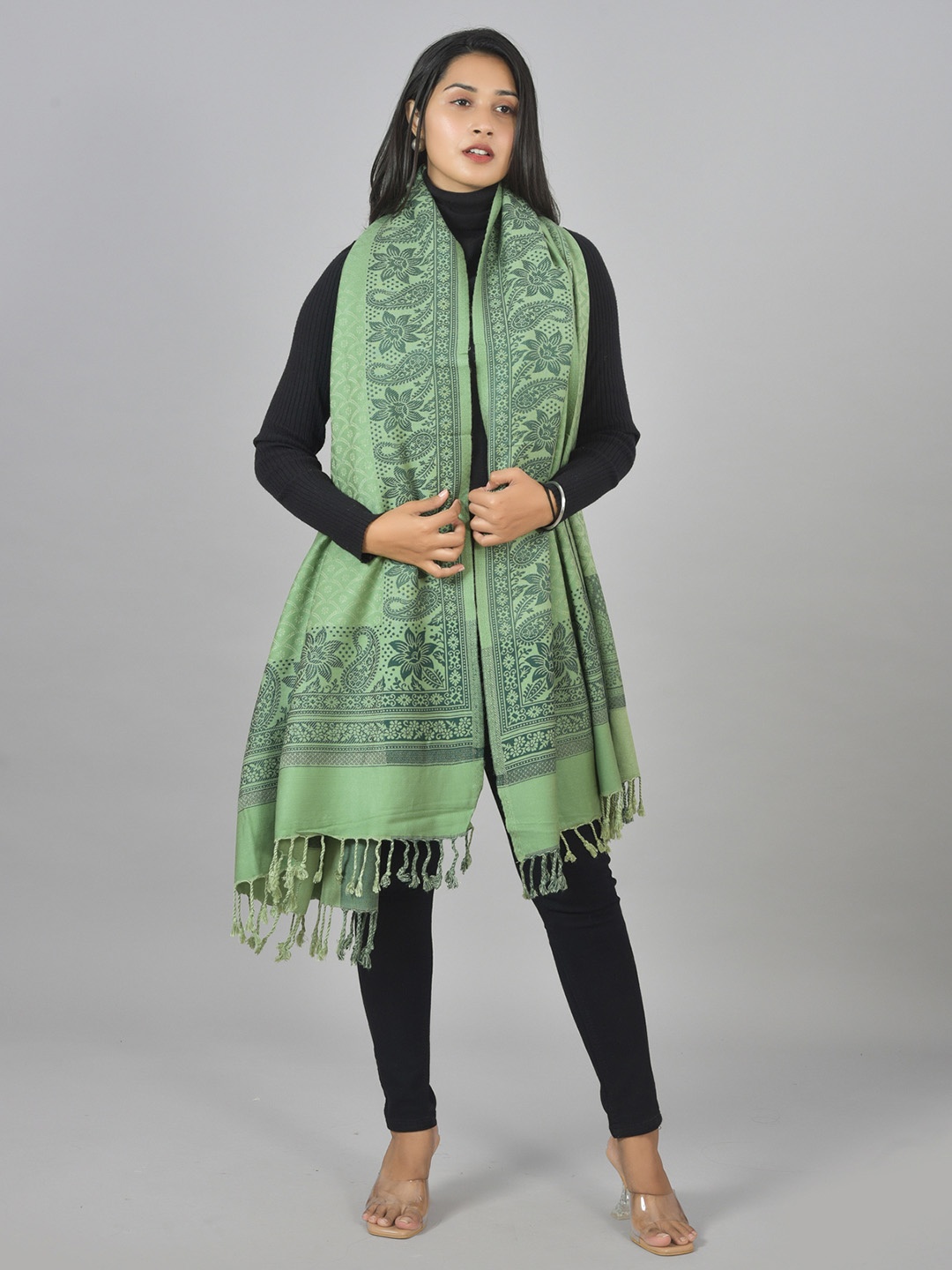 

BAISA Floral Woven Design Woollen Shawl, Green