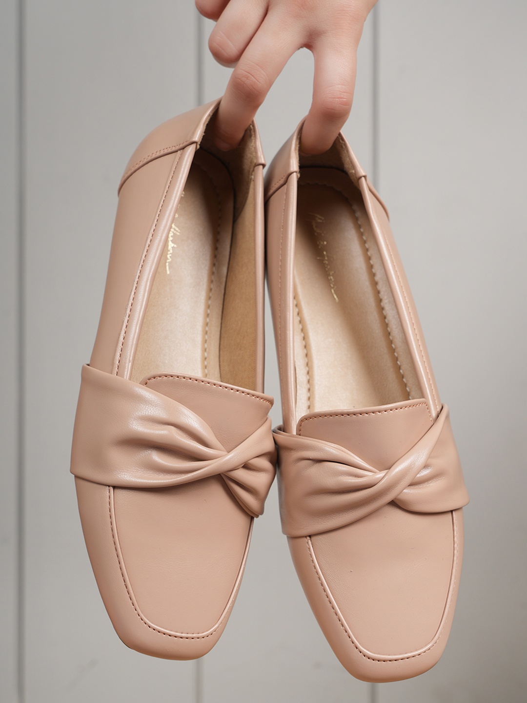 

Mast & Harbour Bow Embellished Square Toe Ballerians, Peach