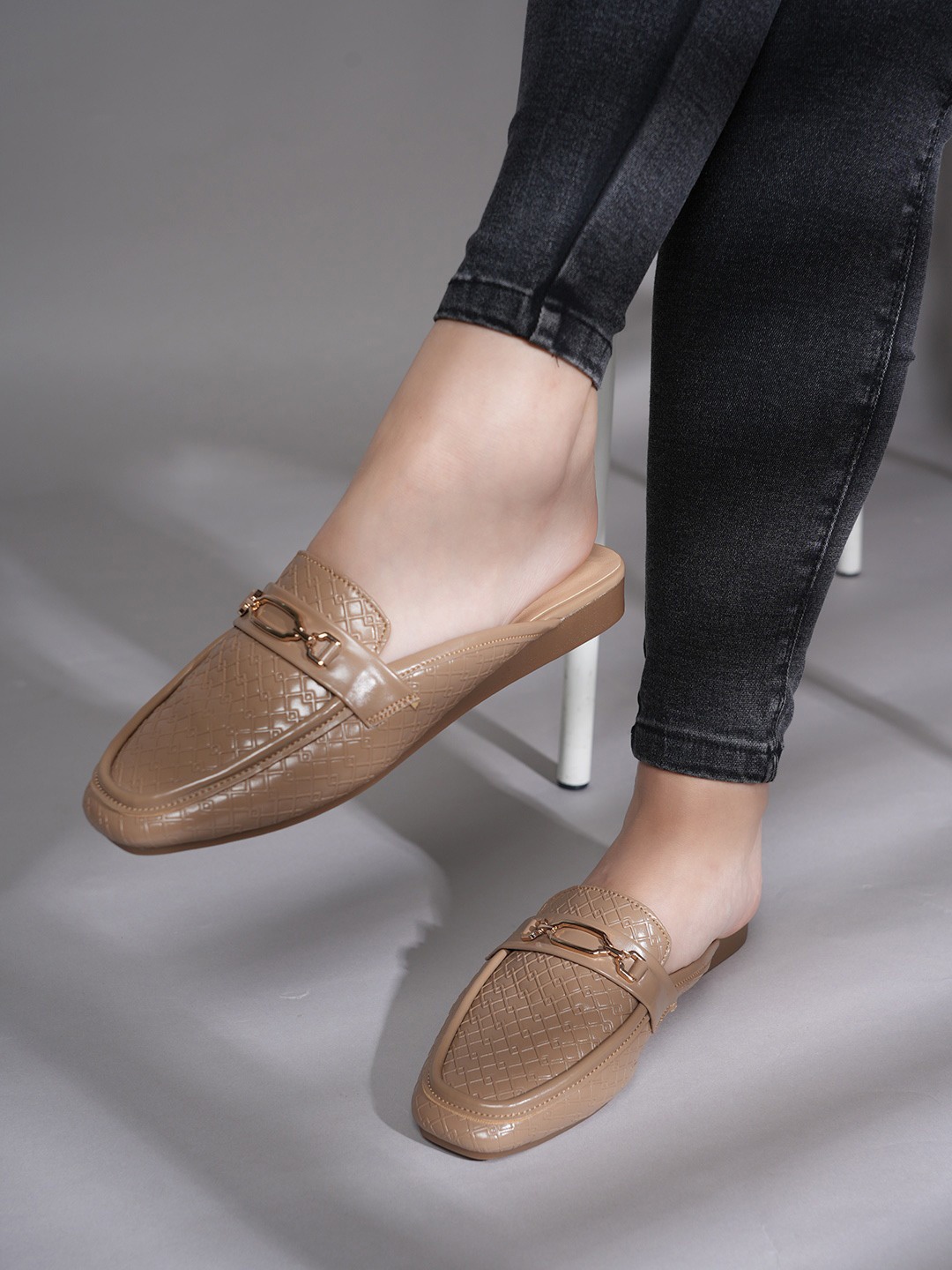

Mast & Harbour Women Textured Mules with Buckles Casual Flats, Beige