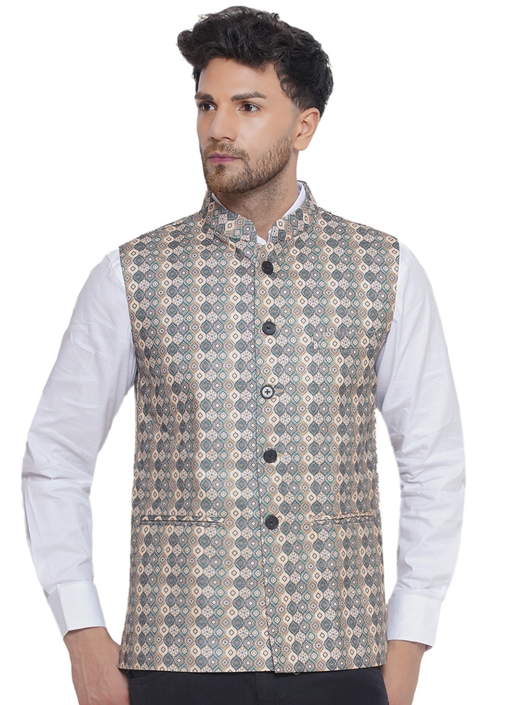 

VEERA PARIDHAAN Men Printed Woven Nehru Jackets, Beige