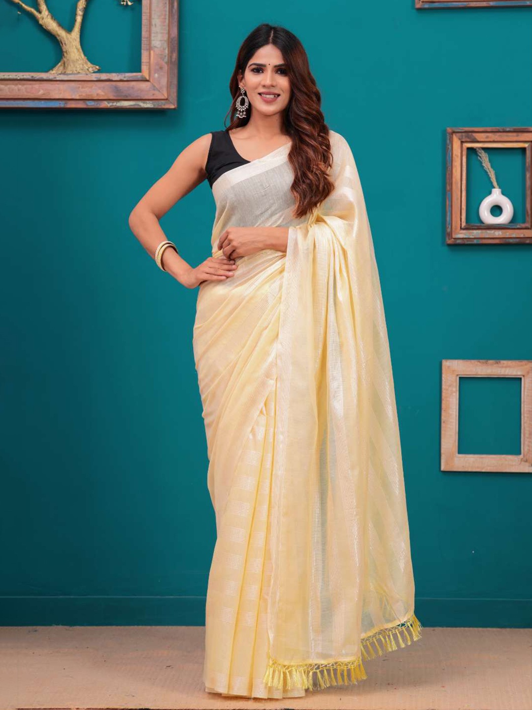 

HEARTLOOM Striped Woven Design Zari Chanderi Saree, Yellow