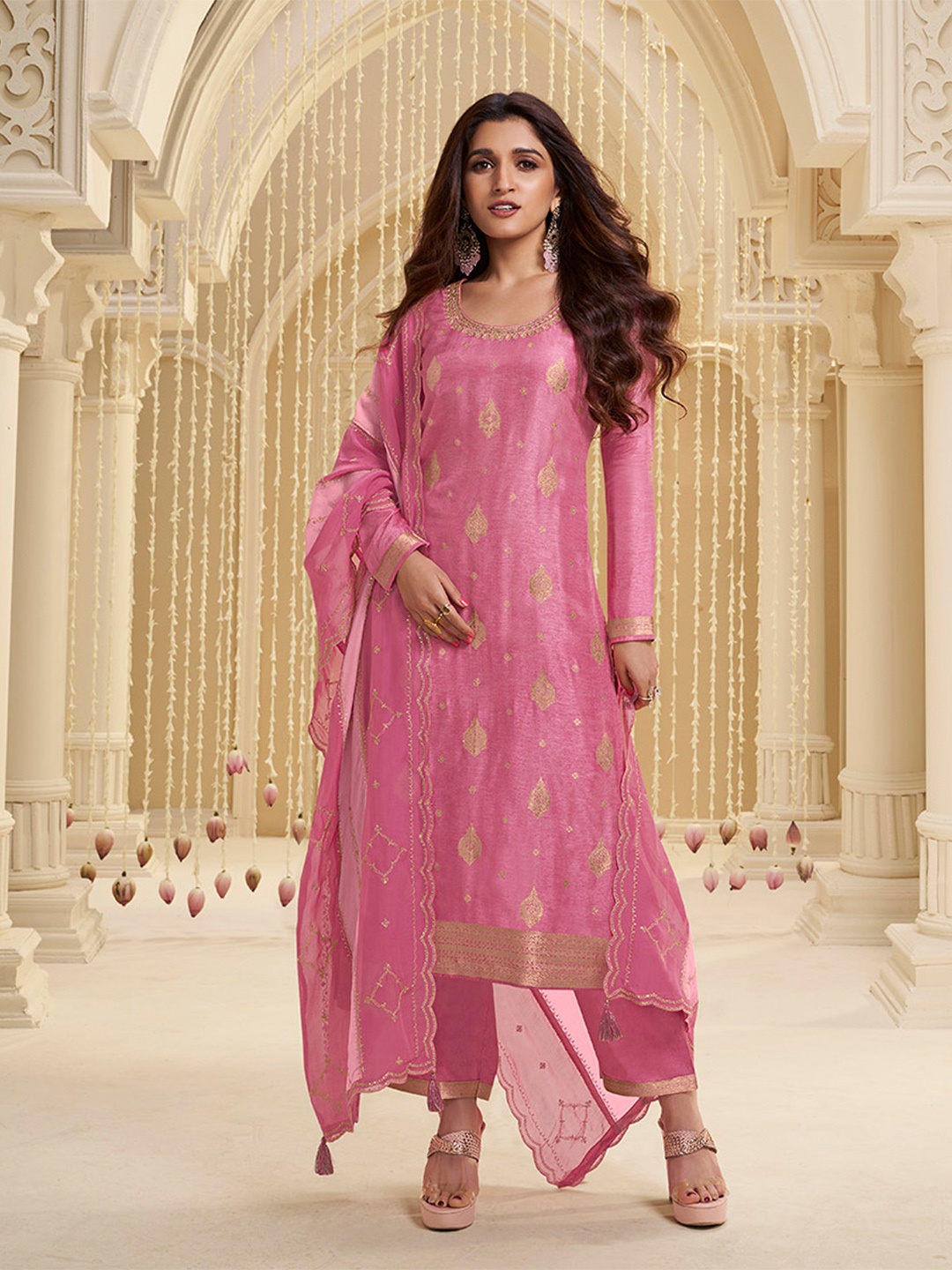 

Seerat Ethnic Motifs Woven Design Thread Work Pure Silk Kurta With Trousers & Dupatta, Pink