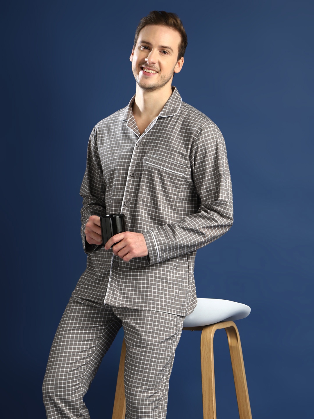 

Hancock Men Checked Lapel Collar Stretchable Cotton Night Suit, Grey