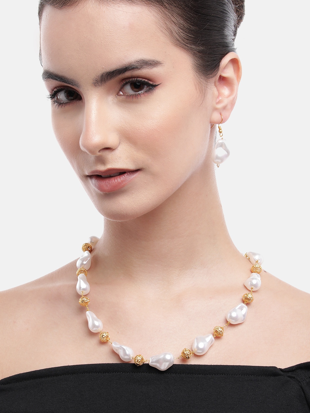 

Anouk White Acrylic Stone with Golden Ball Necklace Earring Set, Gold