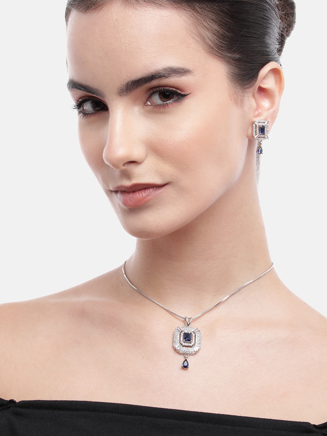 

Anouk AD Stud Silver Toned Charming Chain Pendant Premium Necklace Set, Blue