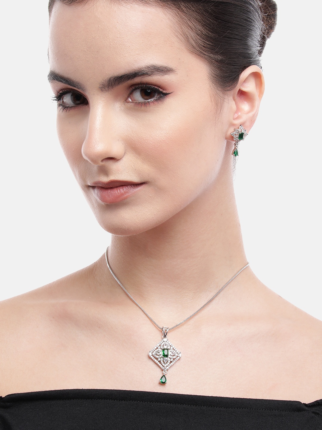 

Anouk Silver-Plated American Diamond Jewellery Set, Green
