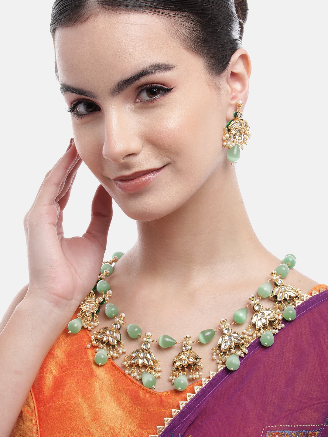 

Anouk Gold-Plated Lotus Kundan Jewellery Set, Green