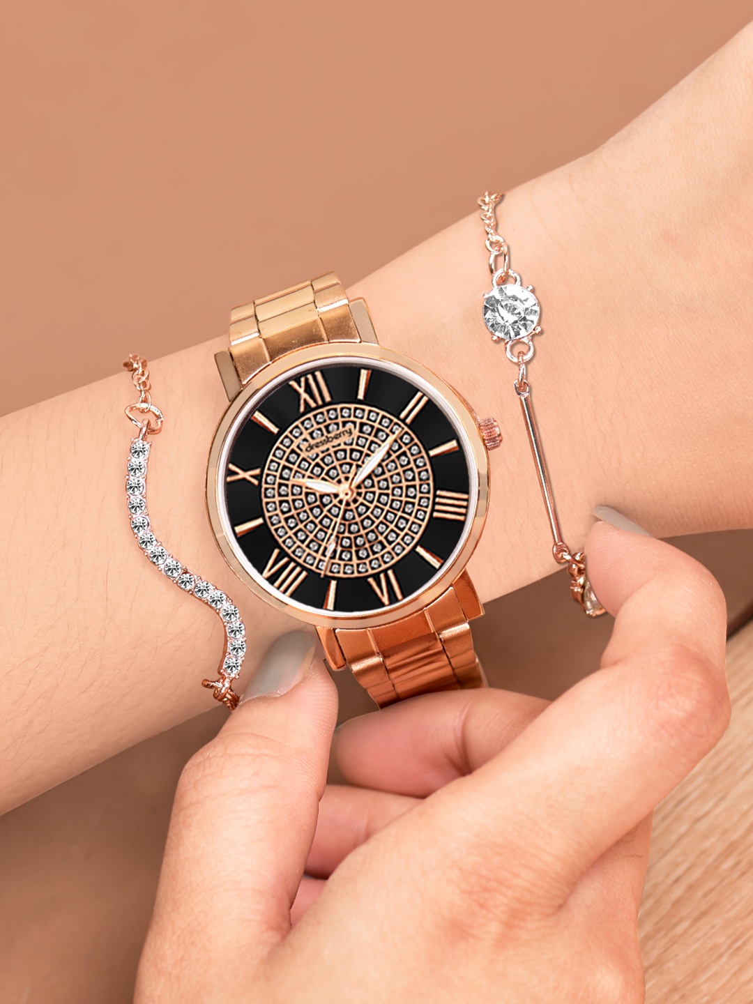 

DressBerry Women Embellished Dial & Bracelet Style Straps Analogue Watch DBSet24 Set-27, Rose gold