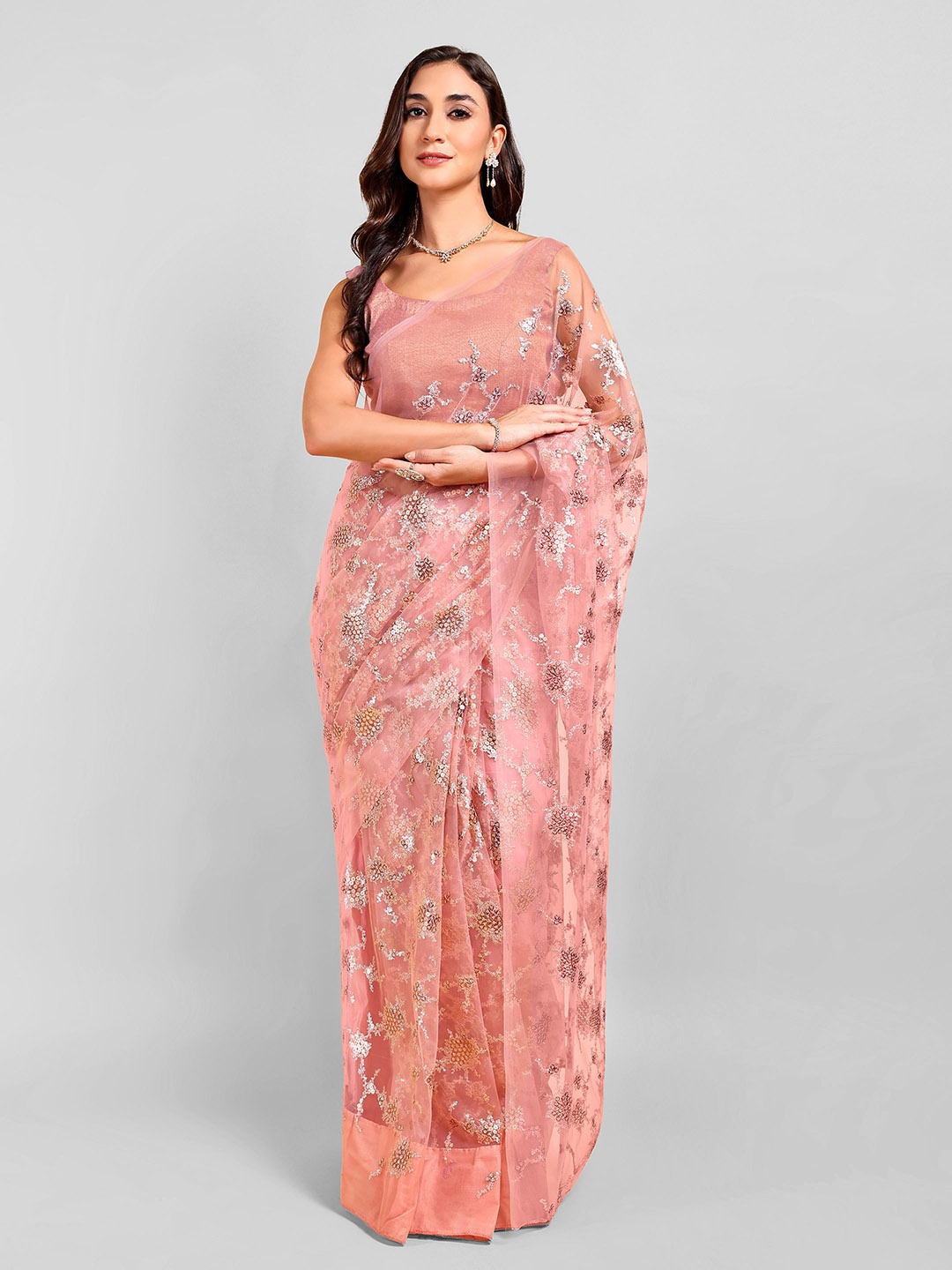 

DOERAA Ethnic Motifs Sequinned Net Saree, Pink