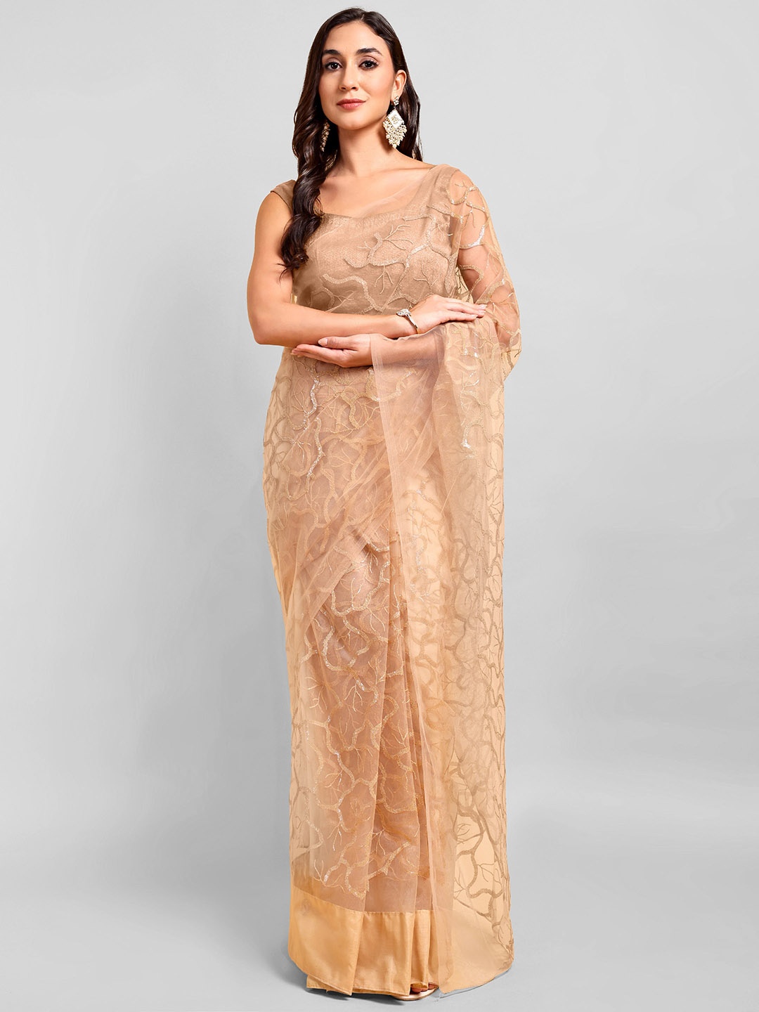 

DOERAA Ethnic Motifs Embroidered Net Saree, Beige