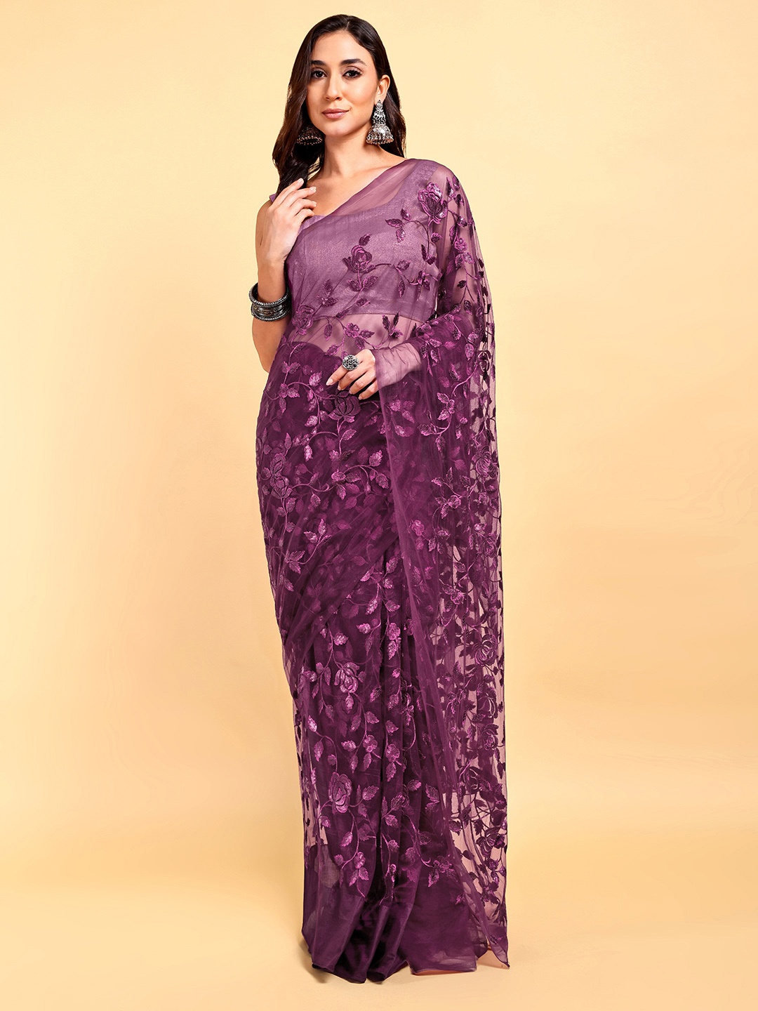 

DOERAA Ethnic Motifs Embroidered Net Saree, Purple