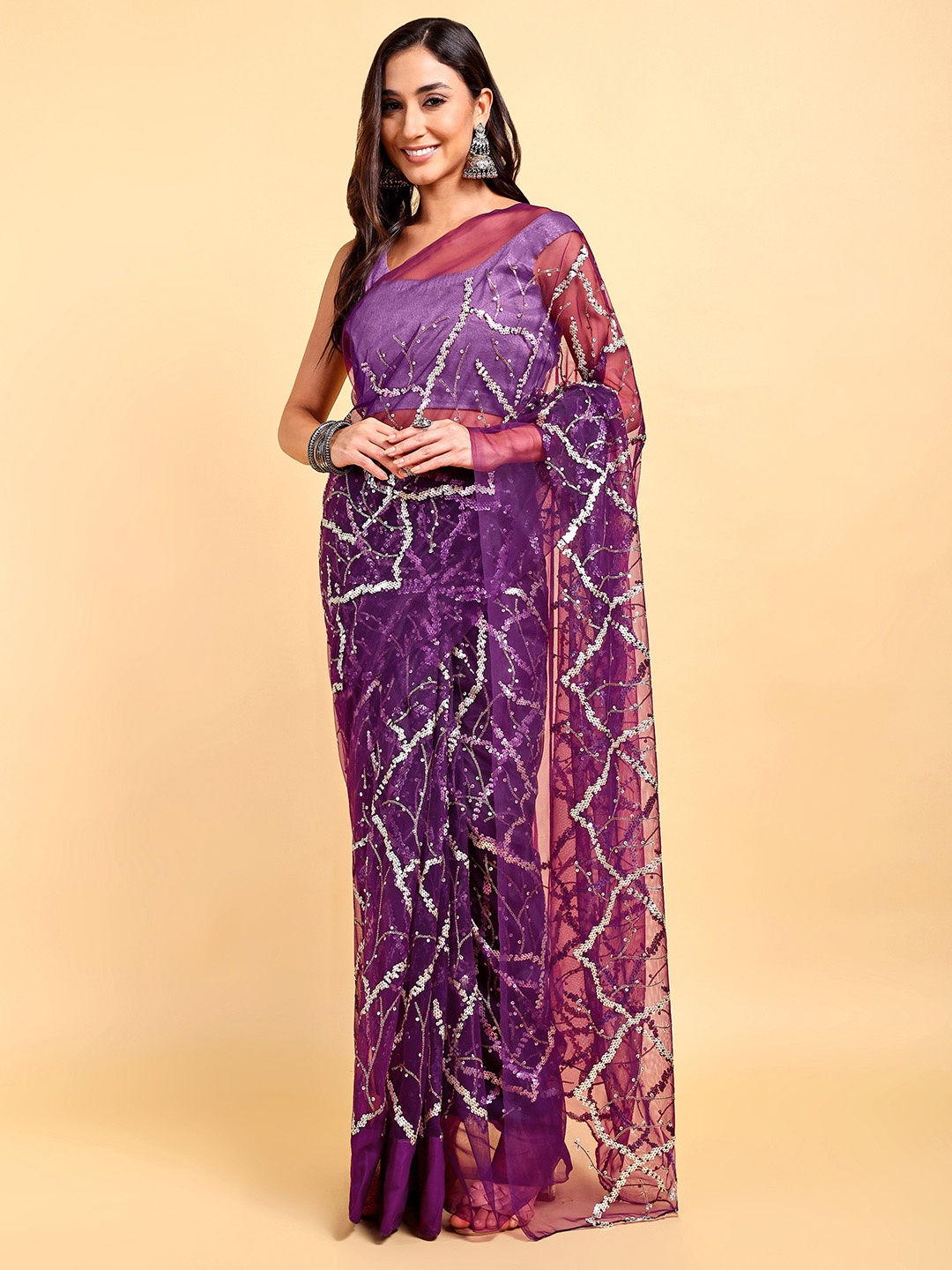 

DOERAA Sequinned Net Saree, Purple