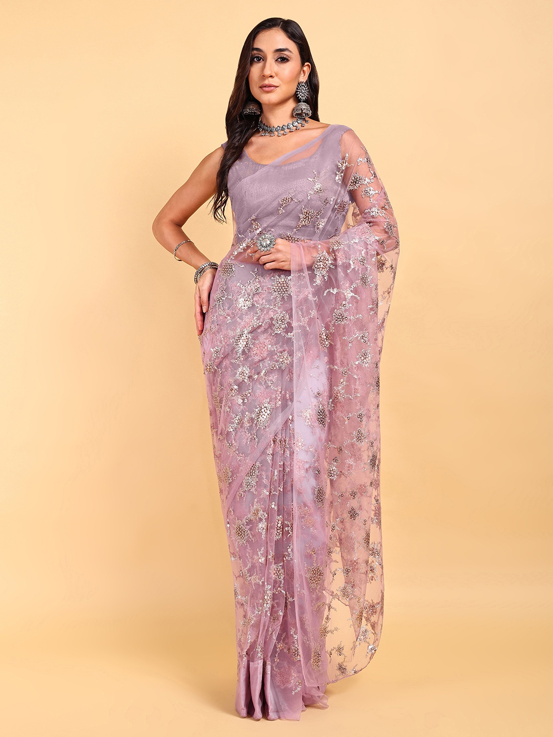 

DOERAA Ethnic Motifs Embroidered Sequinned Net Saree, Lavender