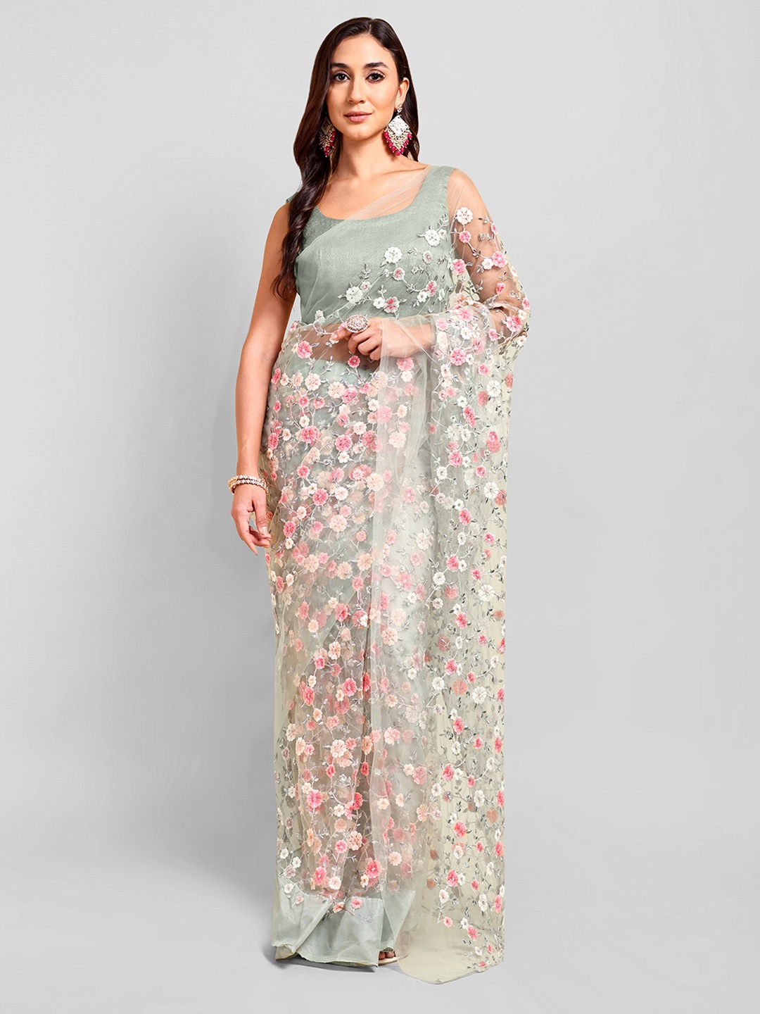 

DOERAA Ethnic Motifs Embroidered Net Saree, Olive