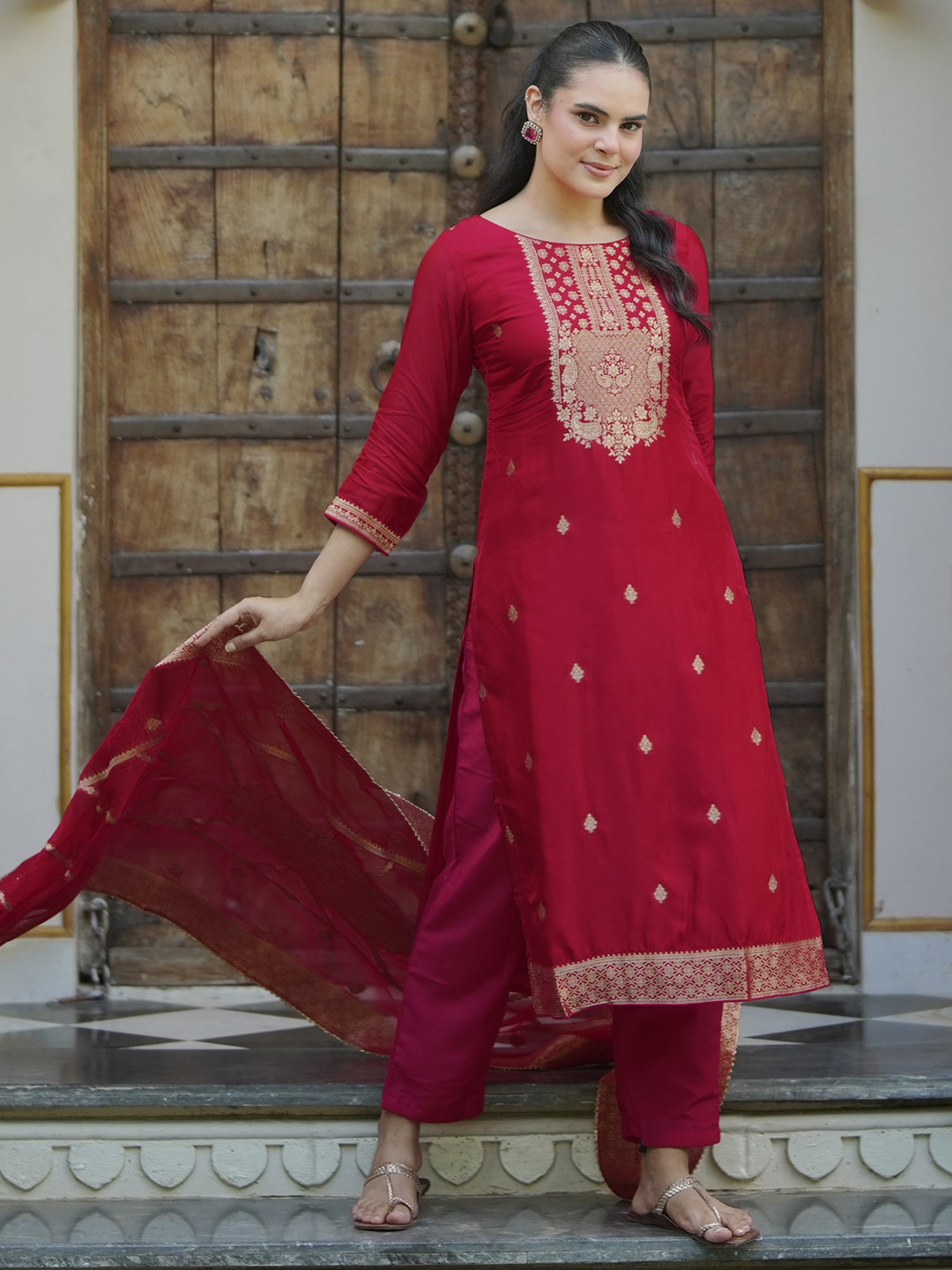 

Libas Ethnic Motifs Straight Kurta with Trousers & With Dupatta, Red