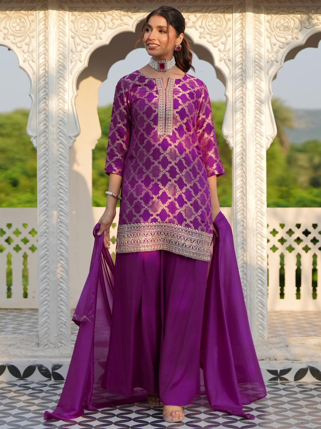 

Libas Woven Design Straight Kurta with Palazzos & With Dupatta, Magenta