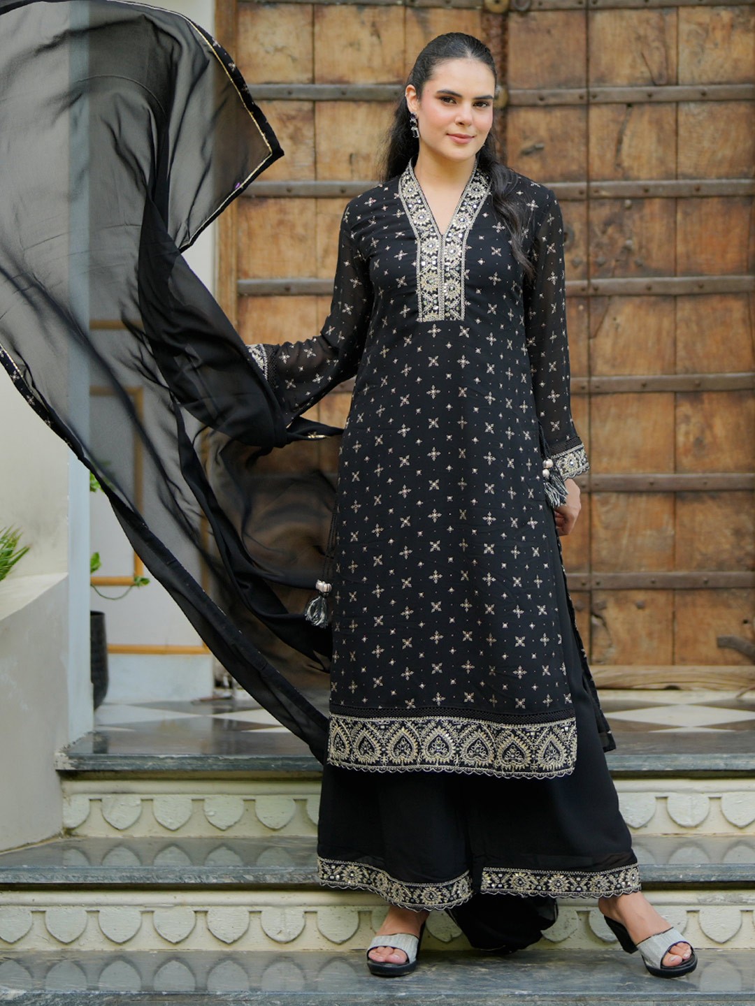 

Libas Floral Printed Mirror Work Georgette Straight Kurta With Palazzo & Dupatta, Black