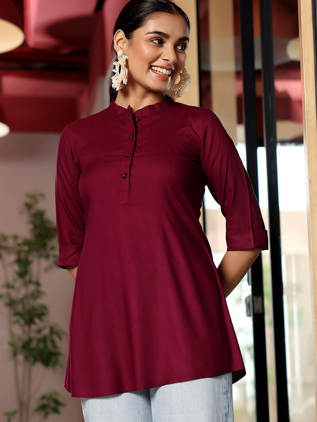 

Libas Women Mandarin Collar Tunic, Burgundy