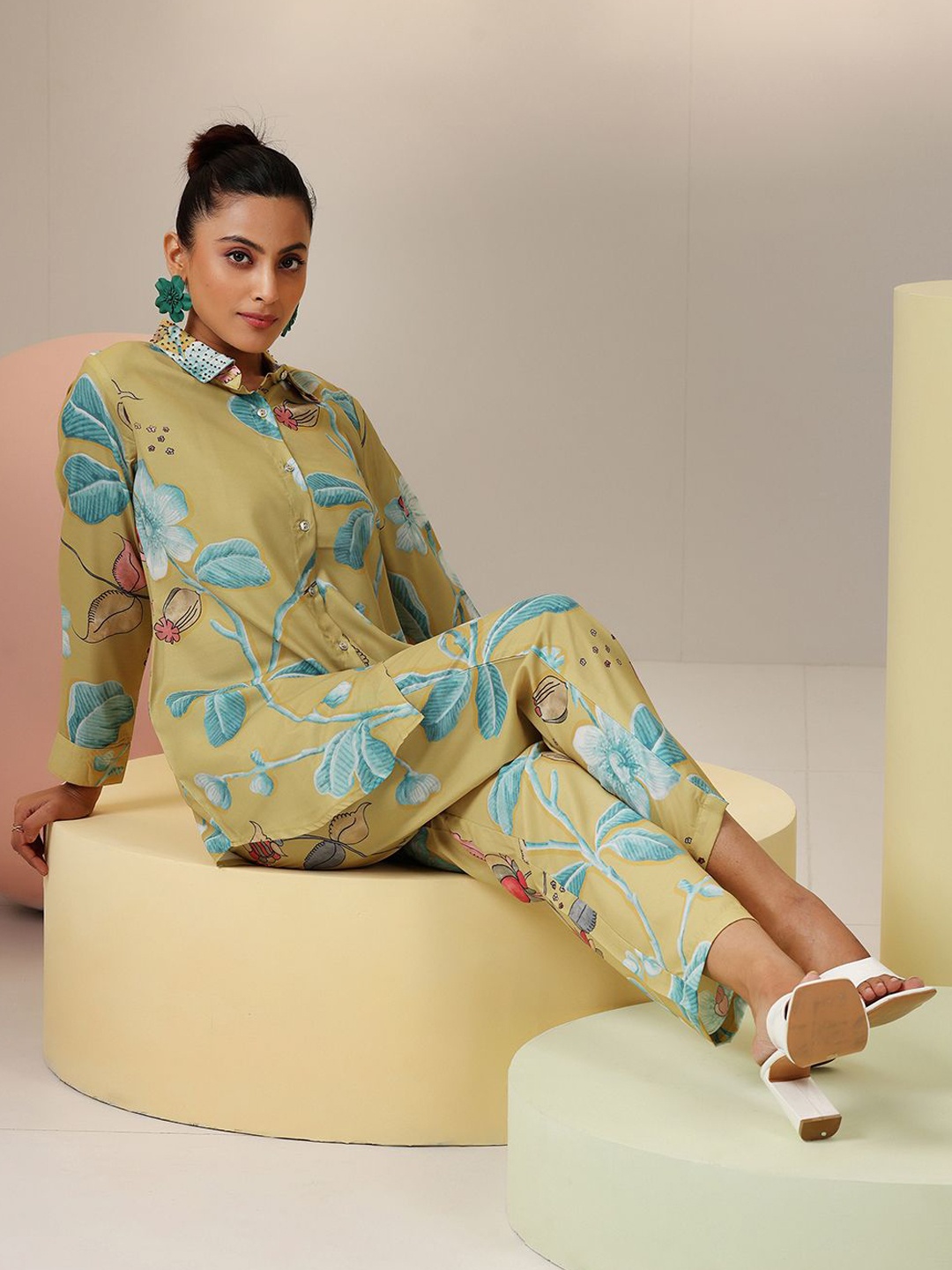 

Libas Floral Printed Shirt With Trousers, Mustard