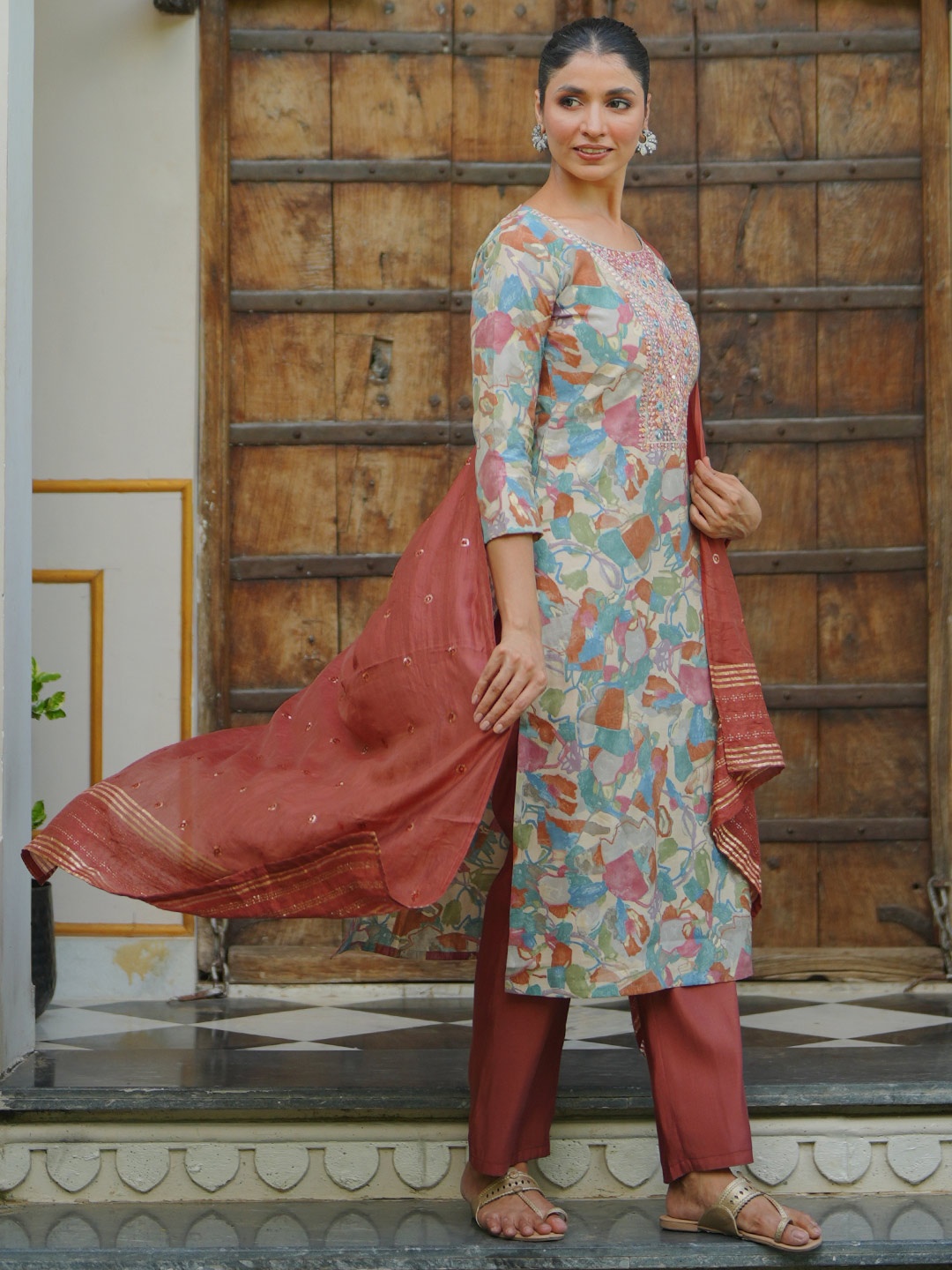

Libas Printed Mirror Work Straight Kurta with Trousers & With Dupatta, Off white