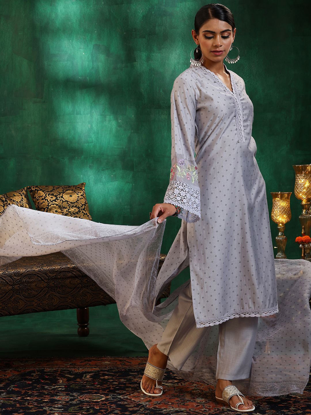 

Libas Floral Printed Beads and Stones Straight Kurta with Trousers & With Dupatta, Grey