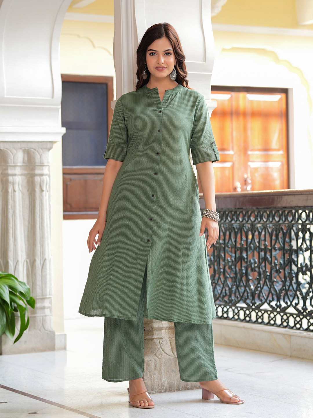 

Parth Fab Striped Mandarin Collar A Line Kurta with Palazzos, Green