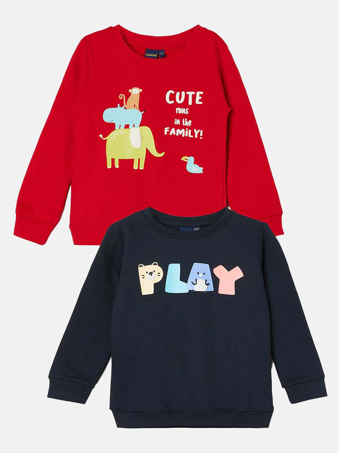 

Juniors by Lifestyle Boys Pack Of 2 Graphic Printed Pure Cotton Pullover Sweatshirt, Navy blue
