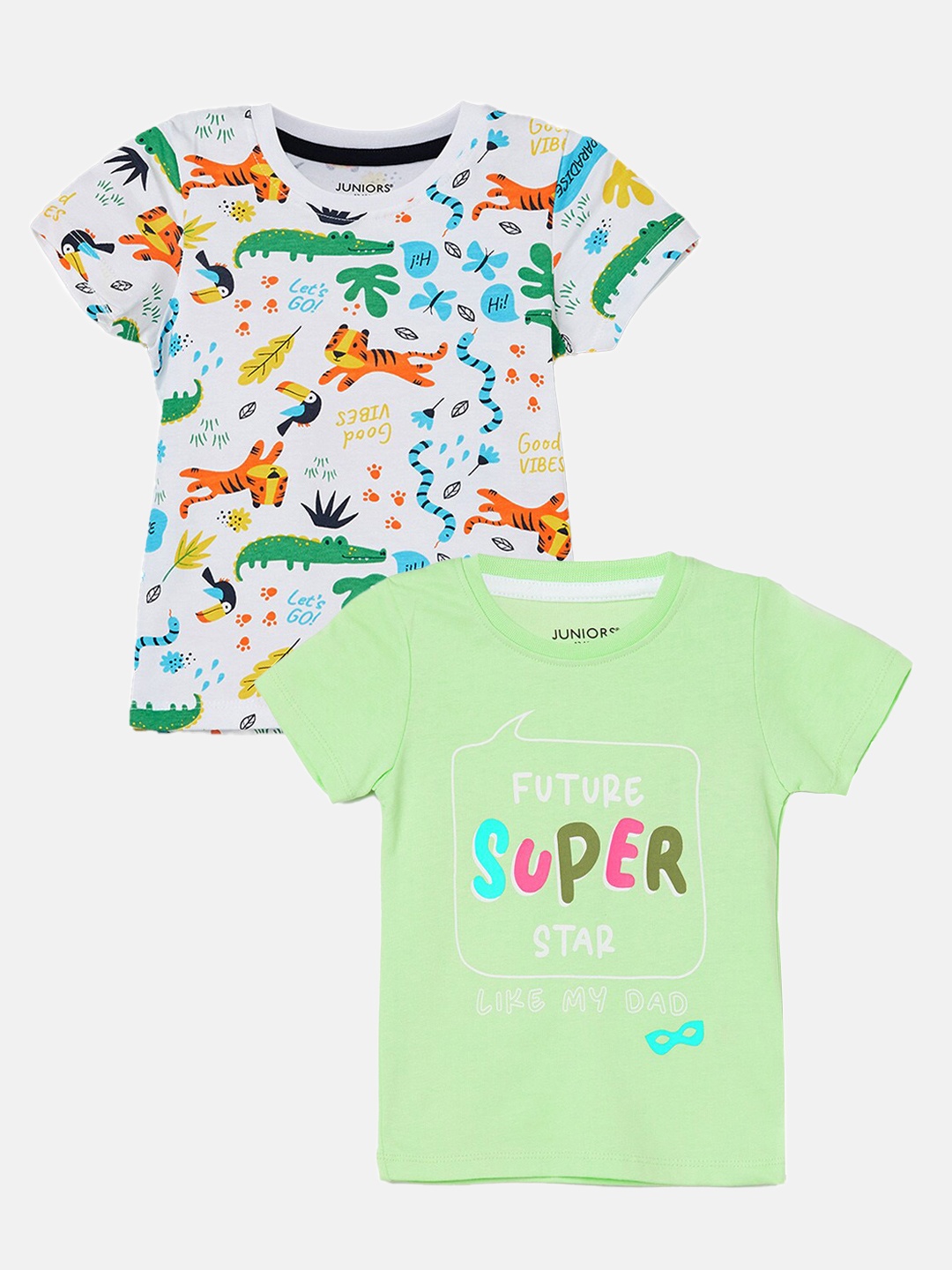 

Juniors by Lifestyle Boys Pack Of 2 Conversational Printed Cotton T-shirts, Green