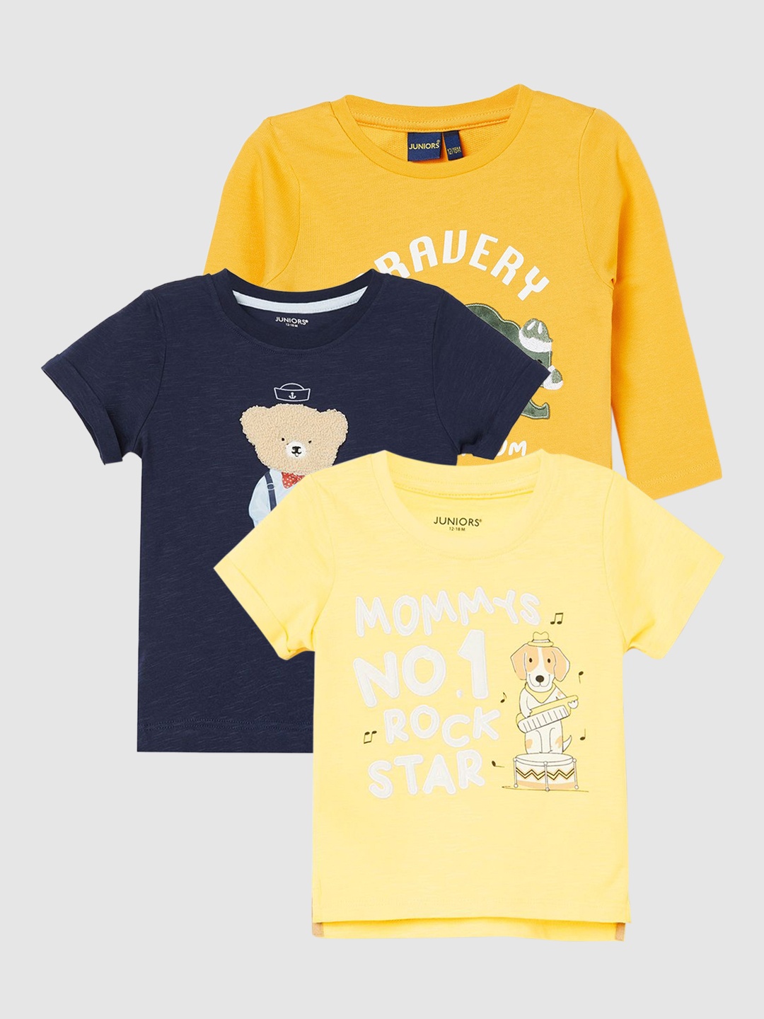 

Juniors by Lifestyle Boys Pack Of 3 Graphic Printed Pure Cotton T-shirts, Yellow