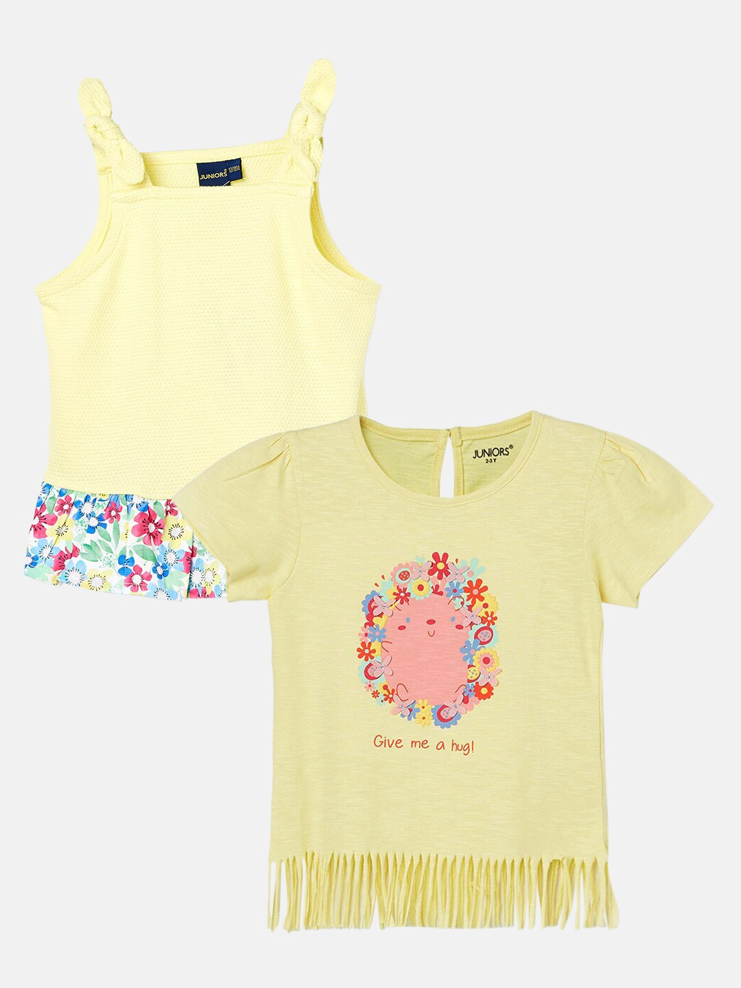 

Juniors by Lifestyle Girls Pack Of 2 Floral Printed Pure Cotton Tops, Yellow