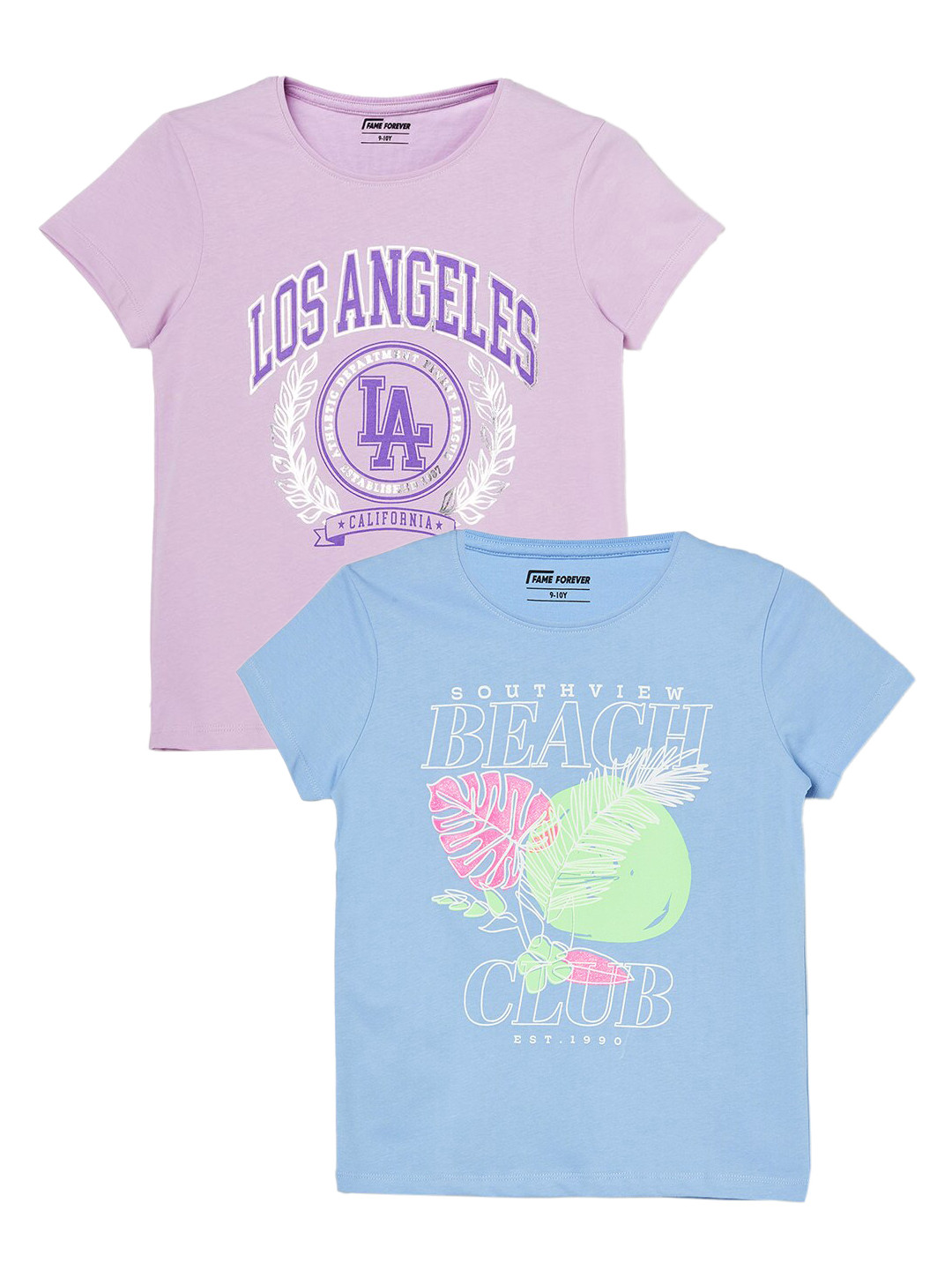 

Fame Forever by Lifestyle Girls Pack Of 2 Typography Printed Pure Cotton T-shirts, Blue