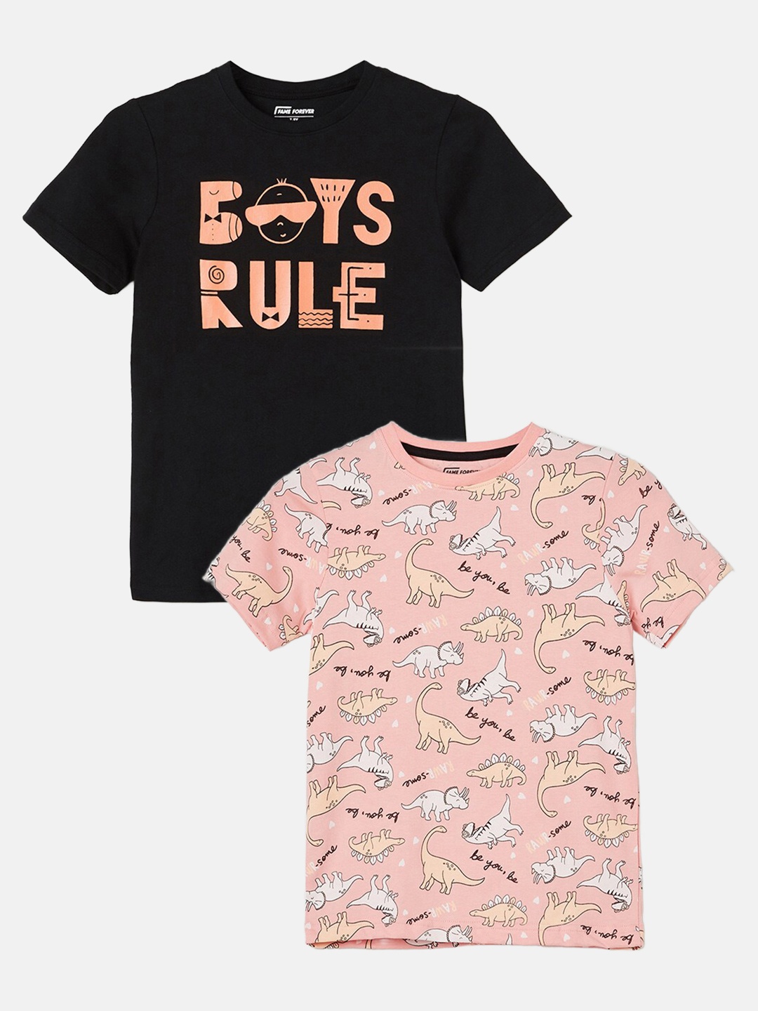 

Fame Forever by Lifestyle Boys Pack Of 2 Typography Printed Cotton T-shirts, Peach