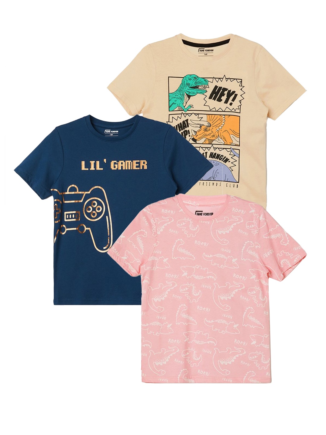 

Fame Forever by Lifestyle Boys Pack Of 3 Conversational Printed Cotton T-shirts, Pink
