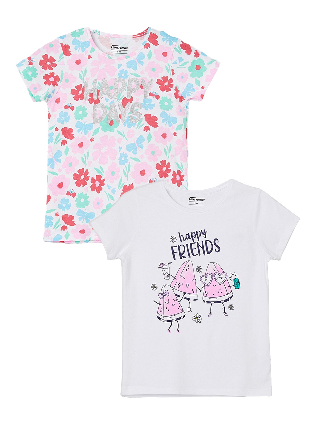 Fame Forever by Lifestyle Girls Pack Of 2 Floral Printed Cotton T-shirts, White
