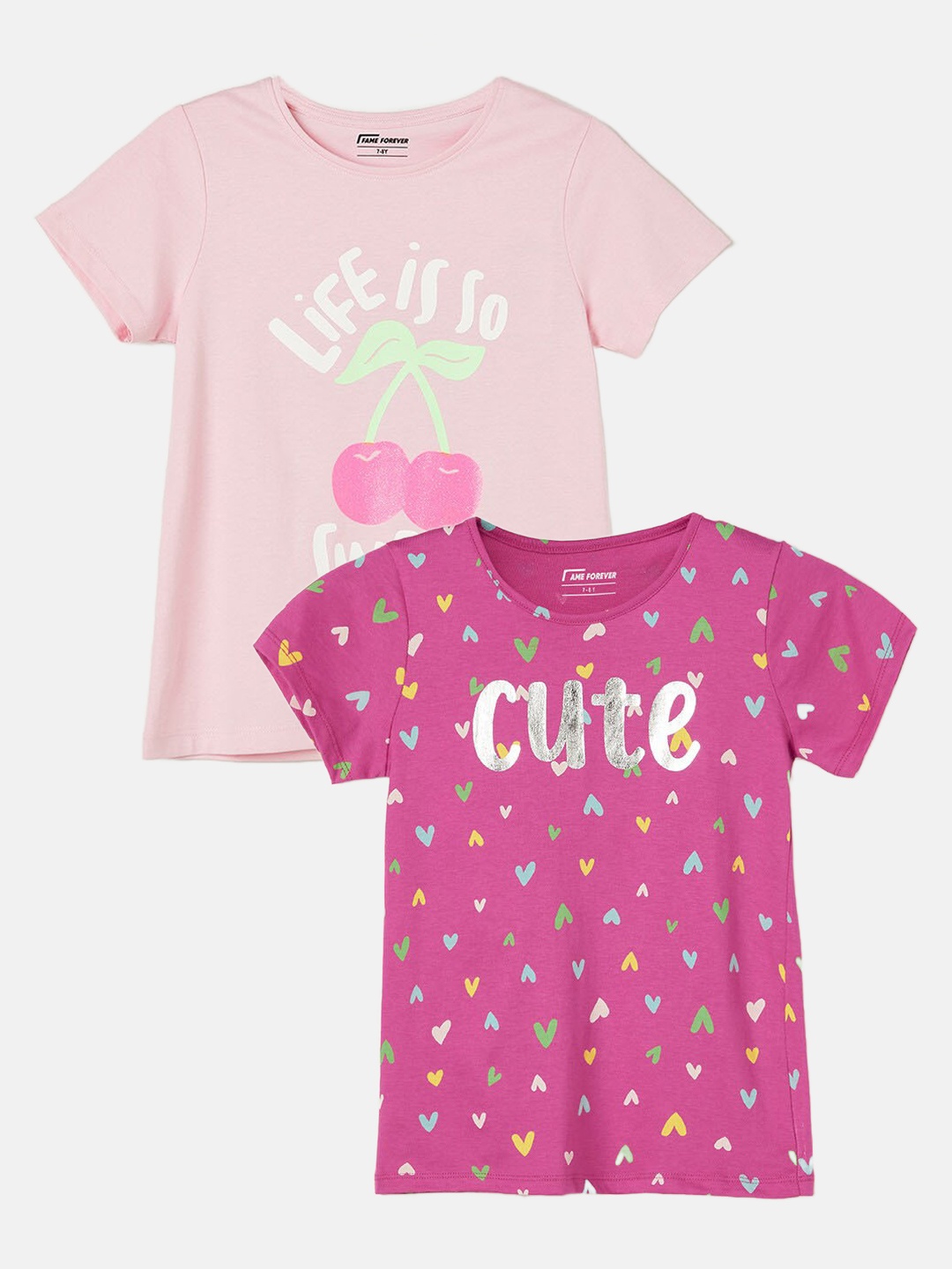 

Fame Forever by Lifestyle Girls Pack Of 2 Conversational Printed Pure Cotton T-shirts, Pink