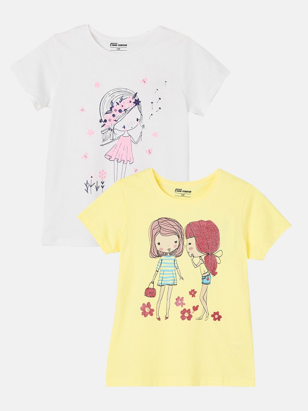 

Fame Forever by Lifestyle Girls Pack Of 2 Graphic Printed Pure Cotton T-shirts, Yellow