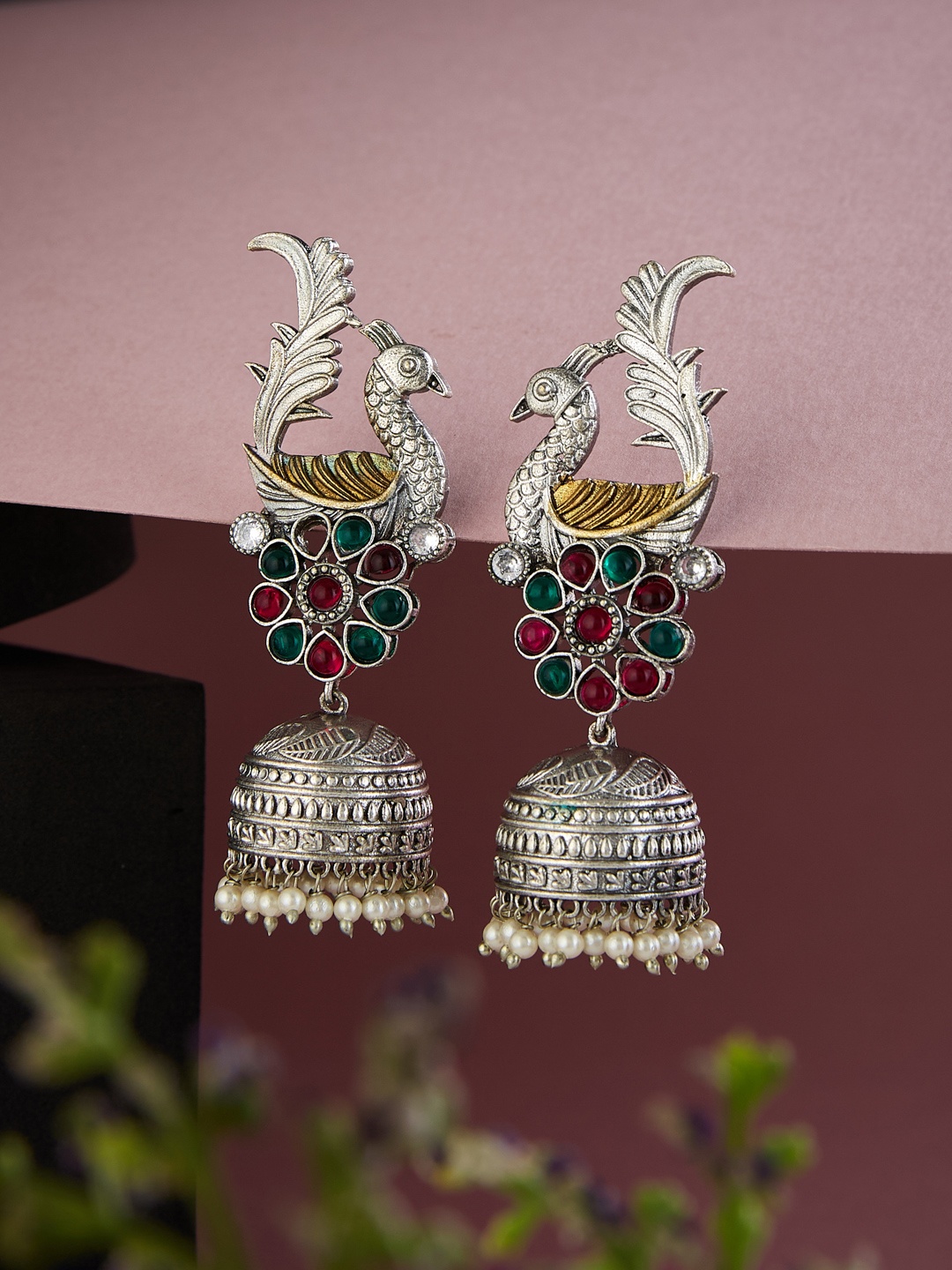 

ATIBELLE German Silver Plated Peacock Shaped Oxidised Jhumkas Earrings