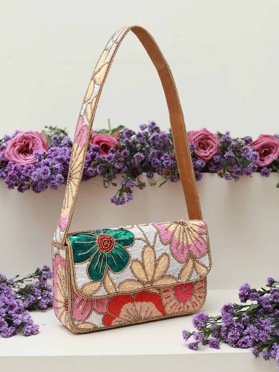 

THE TAN CLAN Women Floral Colourblocked Suede Structured Shoulder Bag, Multi
