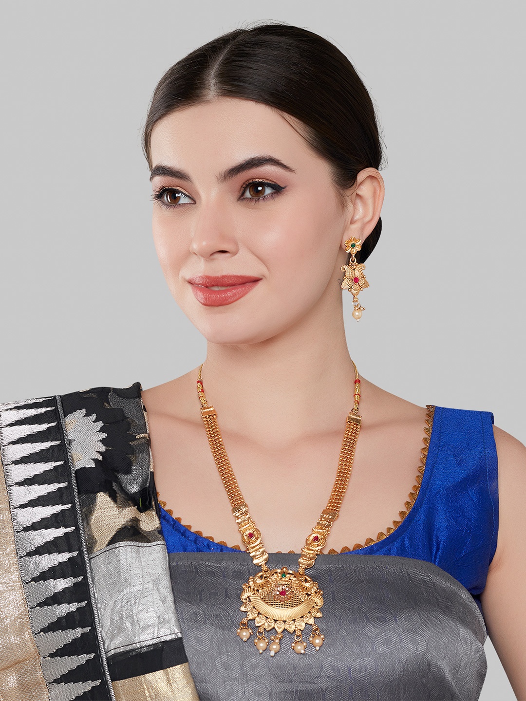 

GRLIE Stones Studded & Beaded Traditional Long Designer Necklace & Earrings, Gold