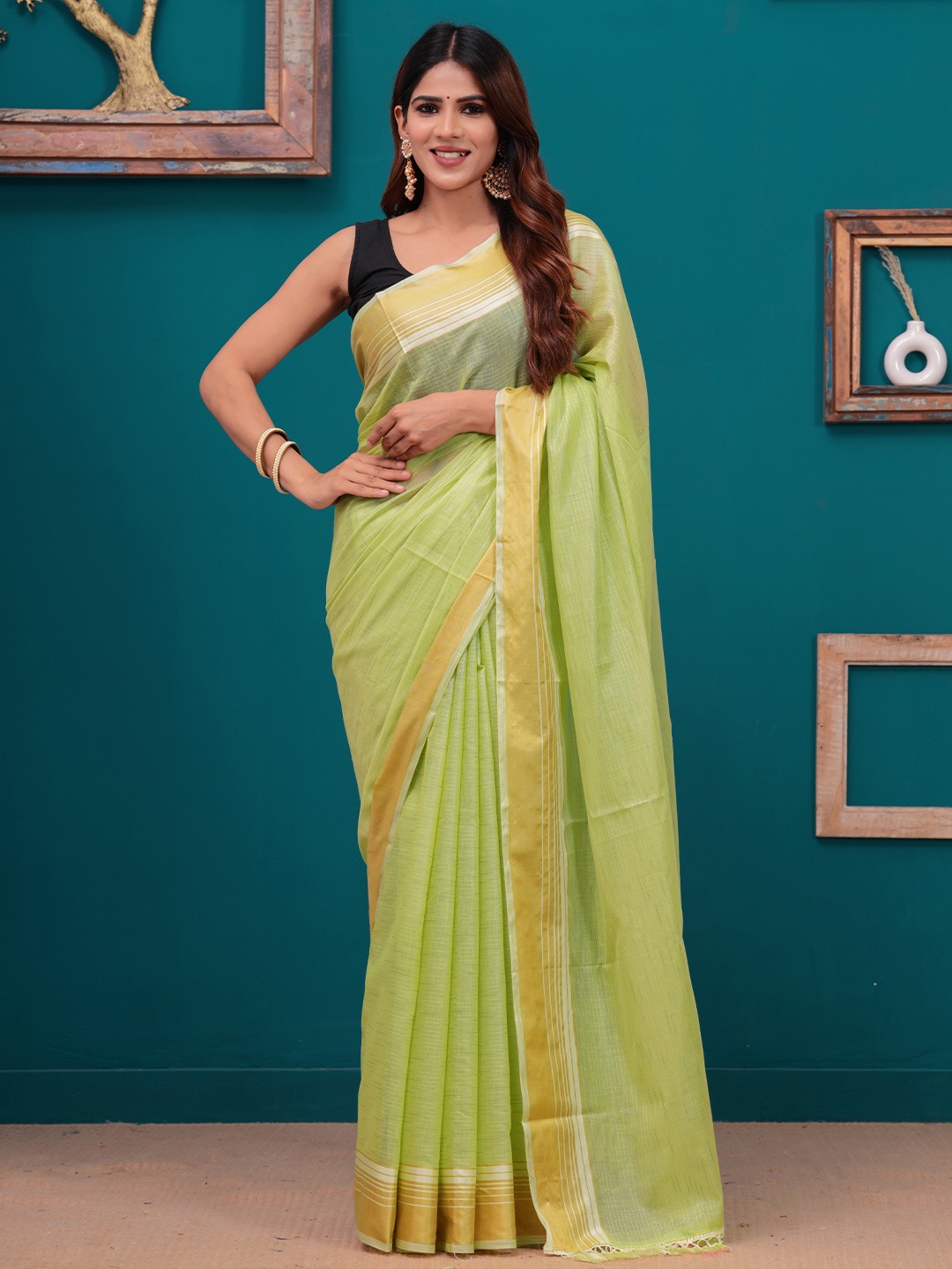 

HEARTLOOM Solid Woven Design Zari Chanderi Saree, Lime green