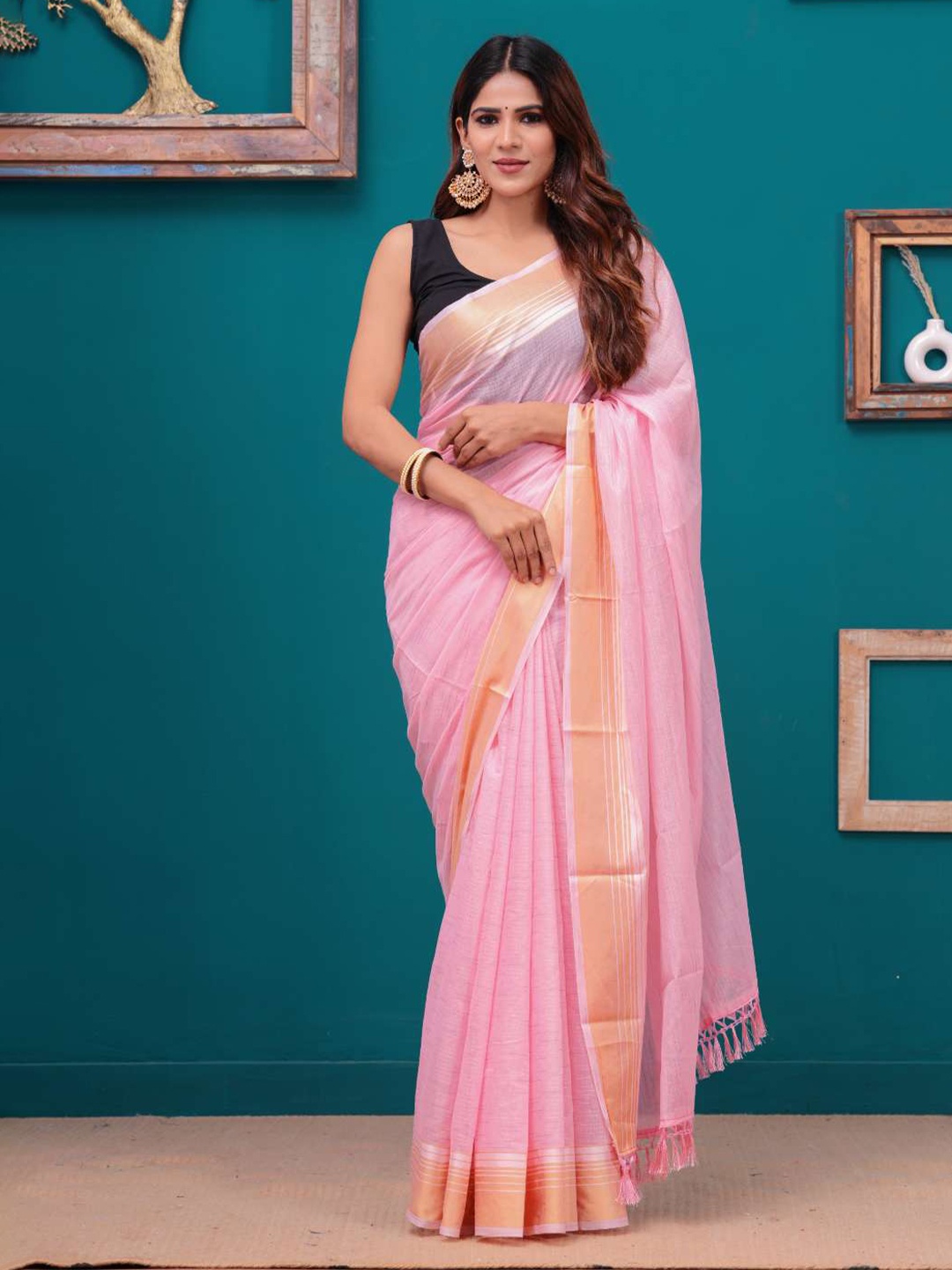 

HEARTLOOM Solid Woven Design Zari Chanderi Saree, Rose