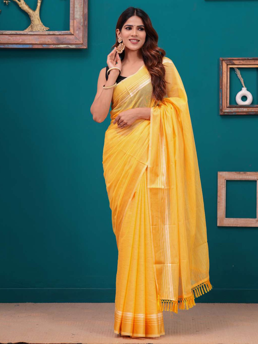 

HEARTLOOM Solid Woven Design Zari Chanderi Saree, Yellow