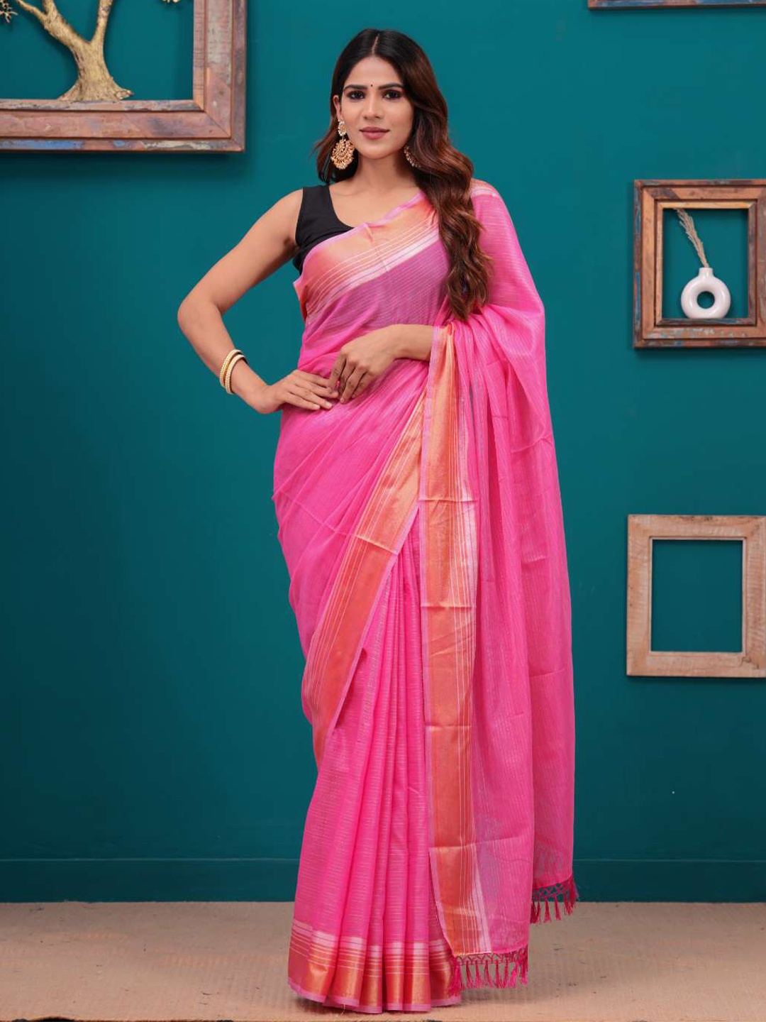 

HEARTLOOM Solid Woven Design Zari Chanderi Saree, Pink