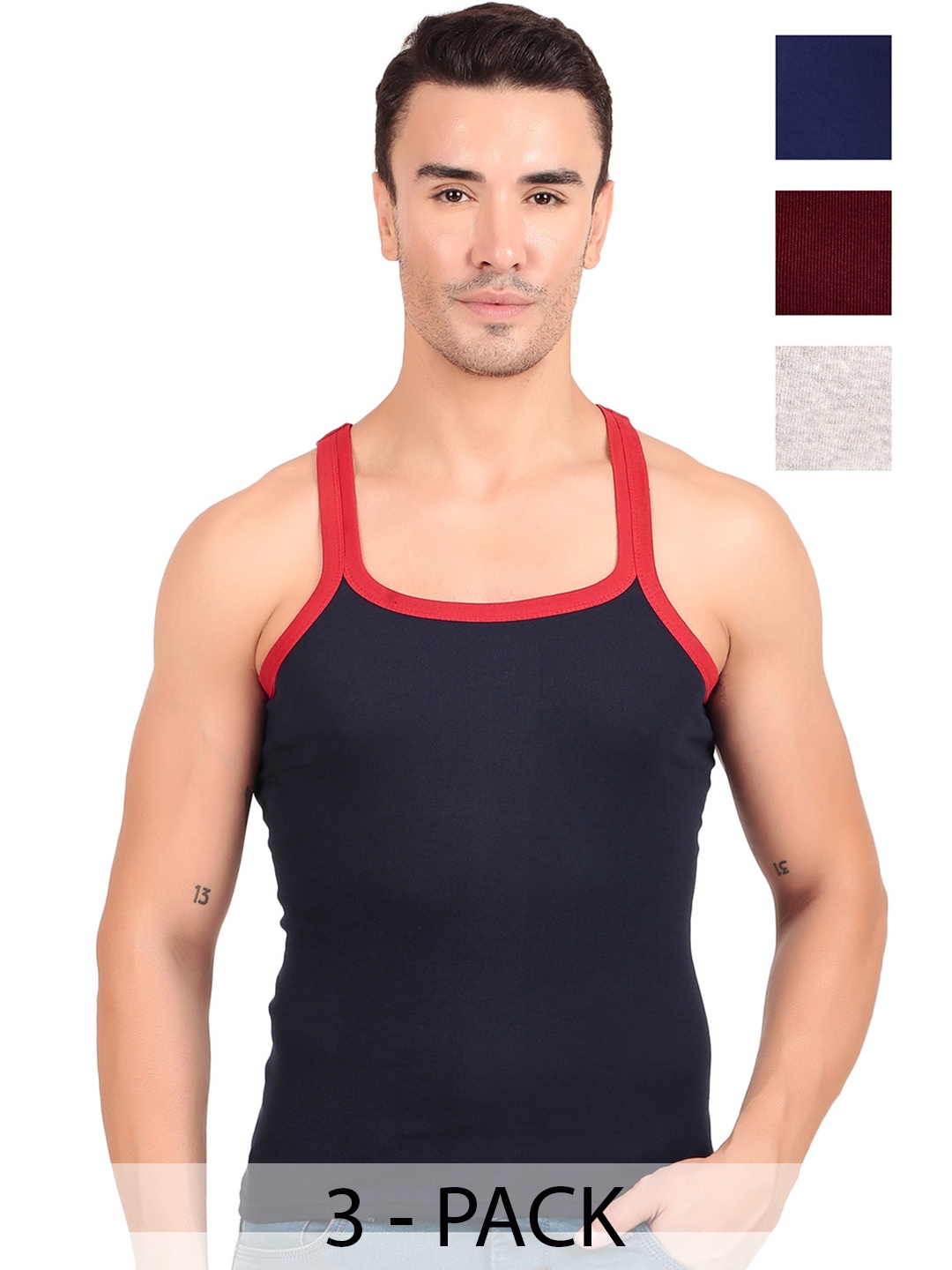 

inner element Men Pack Of 3 Ribbed Cotton Gym Vests, Grey