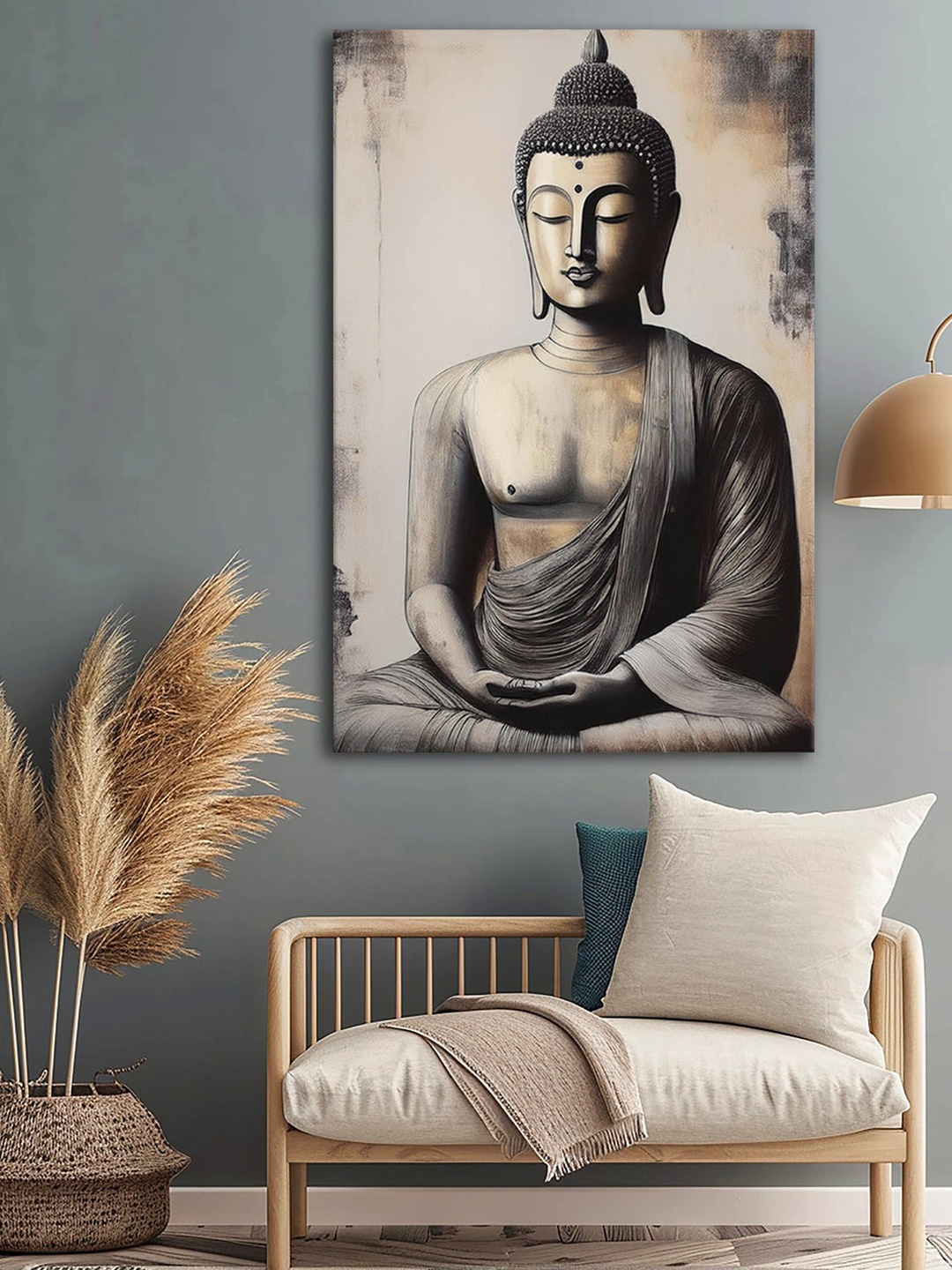 

999Store Grey & Beige Buddha Canvas Religious Wall Art