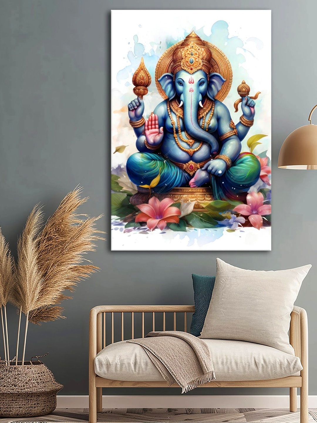 

999Store Gold-Toned & Blue Ganesha Canvas Religious Wall Art