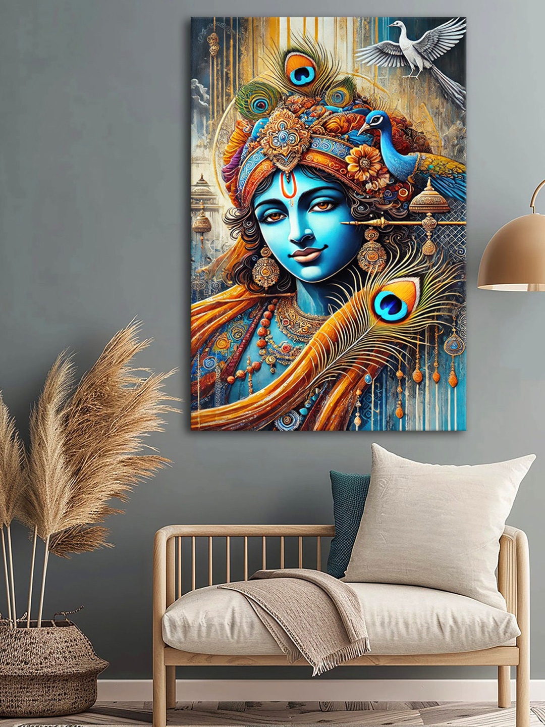 999Store Blue & Gold-Toned Lord Krishna Religious Canvas Wall Art