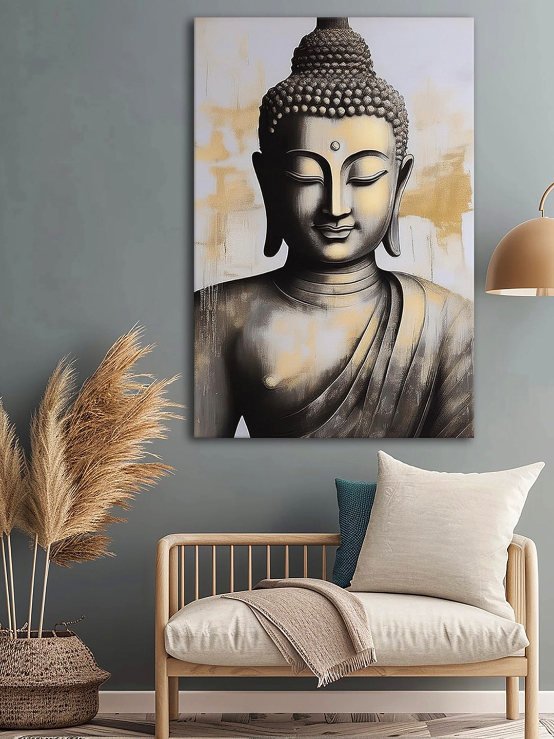 

999Store Grey & Beige Buddha Canvas Religious Wall Art