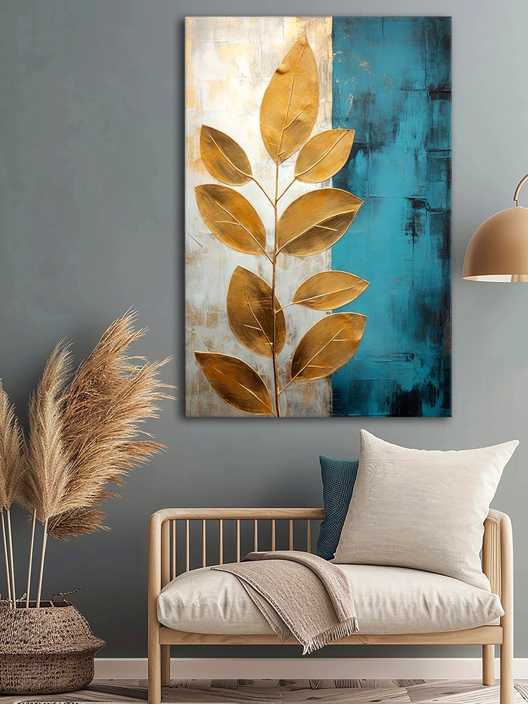 

999Store Gold-Toned & White Leaf Canvas Wall Art
