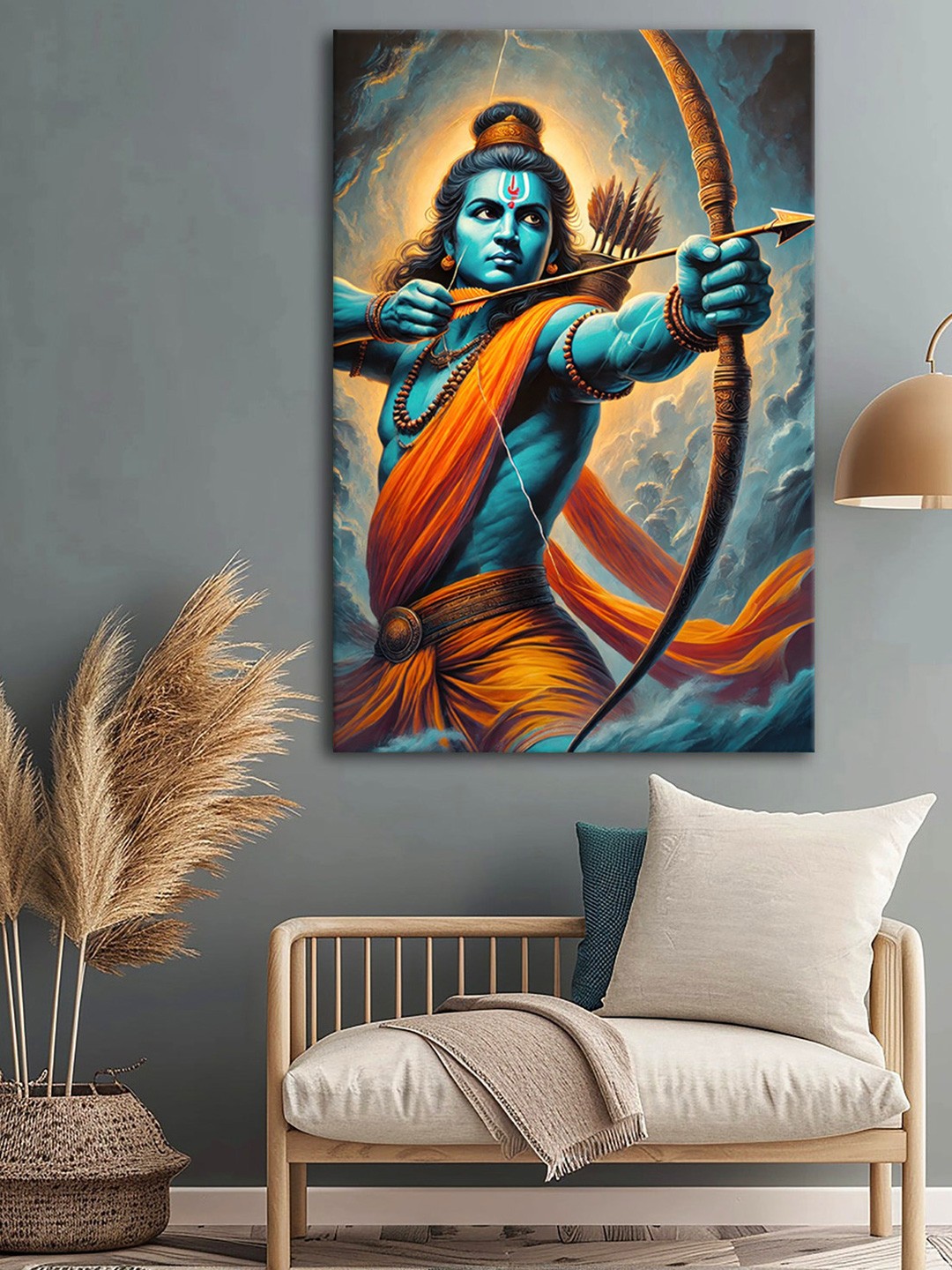 

999Store Blue & Orange-Coloured Lord Rama Religious Wall Canvas Paintings